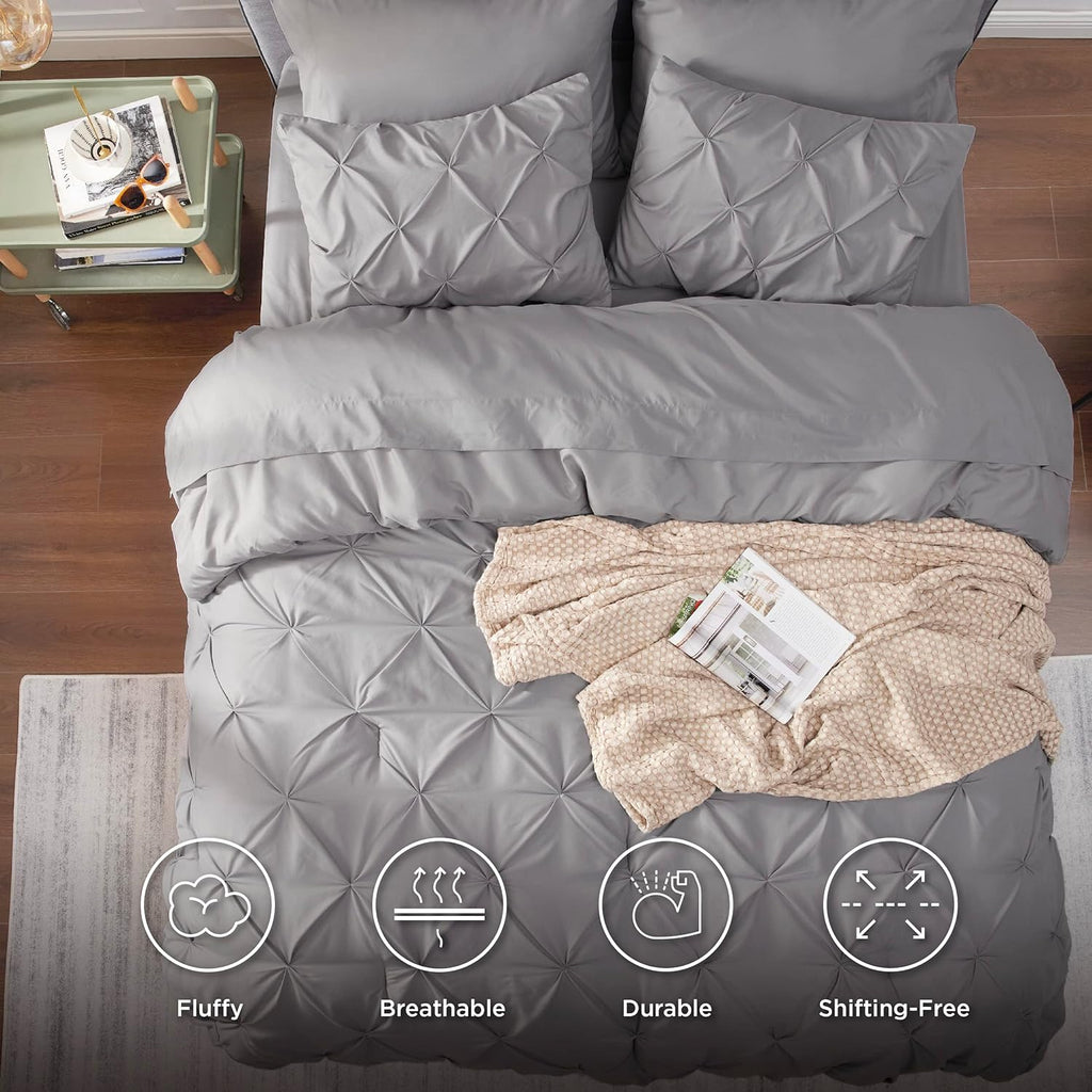 Bedsure Queen Comforter Set - 7 Pieces Comforters Queen Size Grey, Pintuck Bedding Sets Queen for All Season, Bed in a Bag with Flat Sheet and Fitted Sheet, Pillowcases &amp; Shams