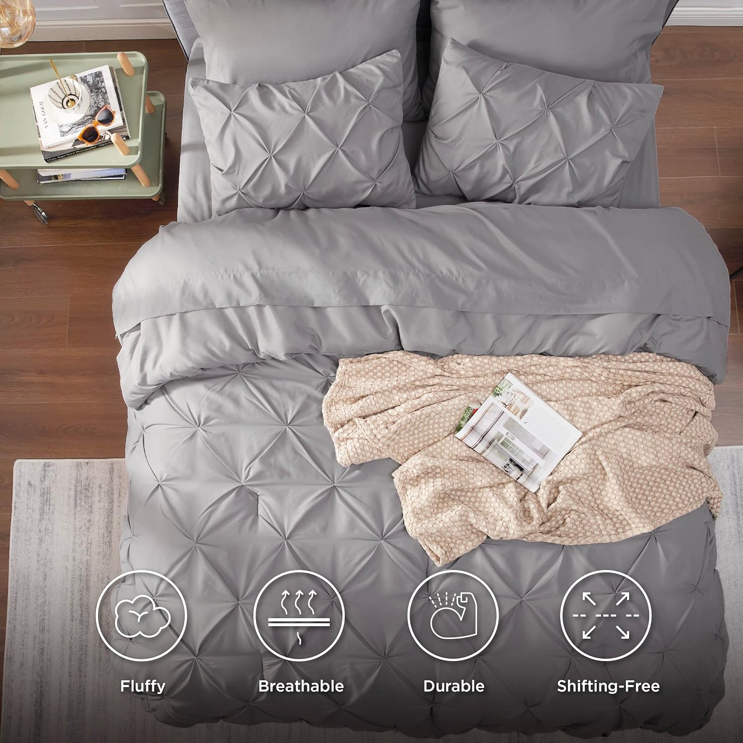 Bedsure Queen Comforter Set - 7 Pieces Comforters Queen Size Grey, Pintuck Bedding Sets Queen for All Season, Bed in a Bag with Flat Sheet and Fitted Sheet, Pillowcases &amp; Shams