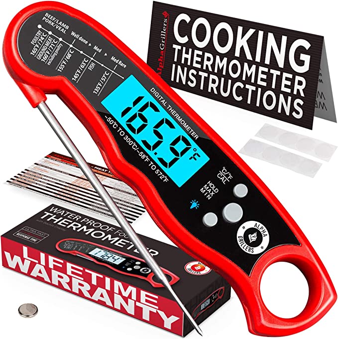 alpha grillers instant read meat thermometer for grill and cooking. best waterproof ultra fast thermometer with backlight & calibration. digital food probe for kitchen, outdoor grilling and bbq!