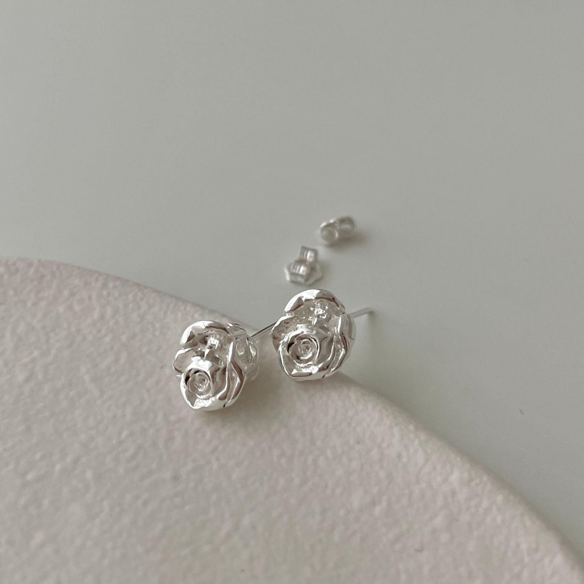 beautiful no plating rose flower 925 sterling silver stud earrings