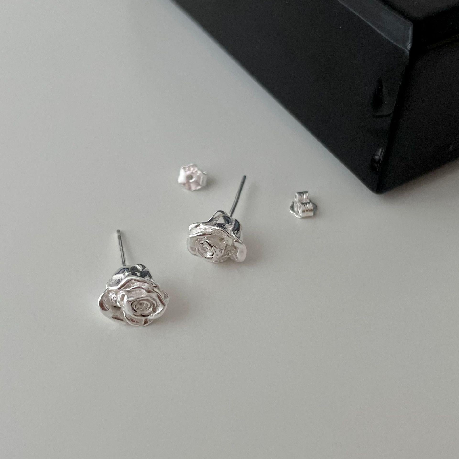 beautiful no plating rose flower 925 sterling silver stud earrings