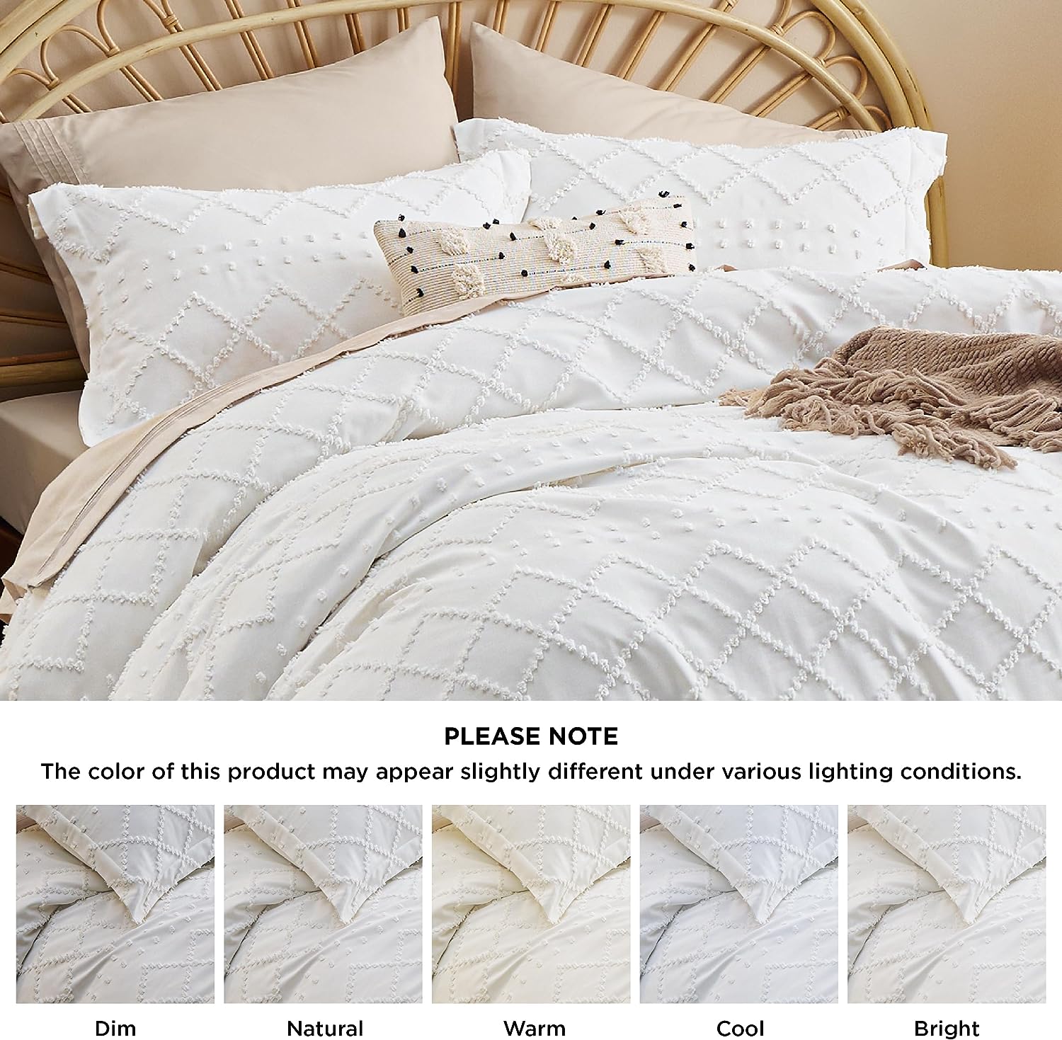 Bedsure Boho Duvet Cover Queen - Boho Bedding, Tufted Queen Duvet Cover for All Seasons, 3 Pieces Embroidery Shabby Chic Home Bedding Duvet Cover (White, Queen, 90x90)