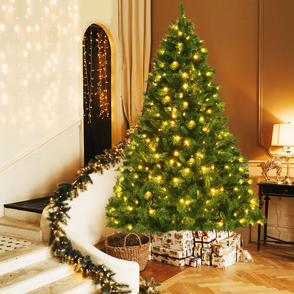 7ft Pre-Lit Artificial Hinged Christmas Tree w/8 Modes LED Lights and Foot Pedal