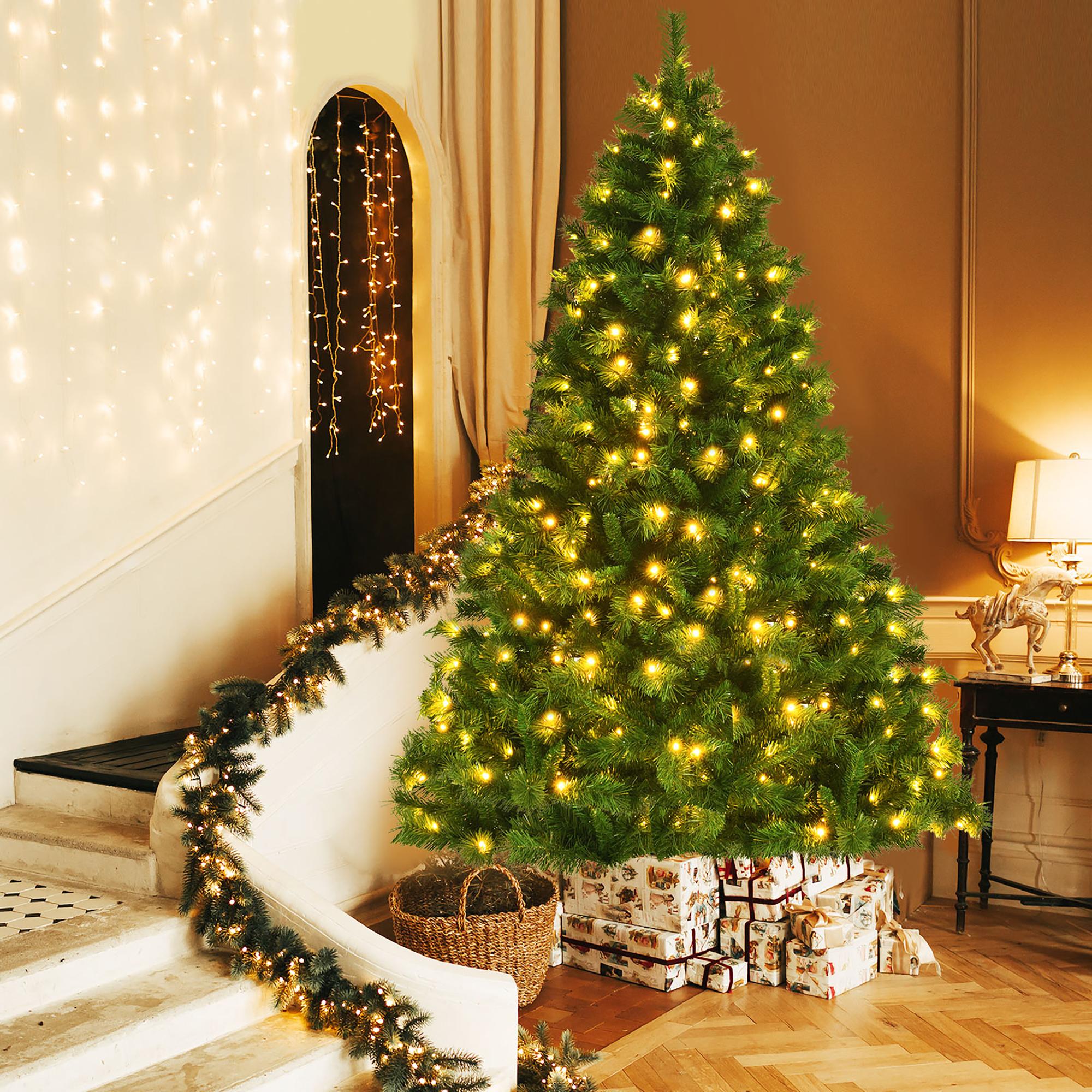 7ft Pre-Lit Artificial Hinged Christmas Tree w/8 Modes LED Lights and Foot Pedal