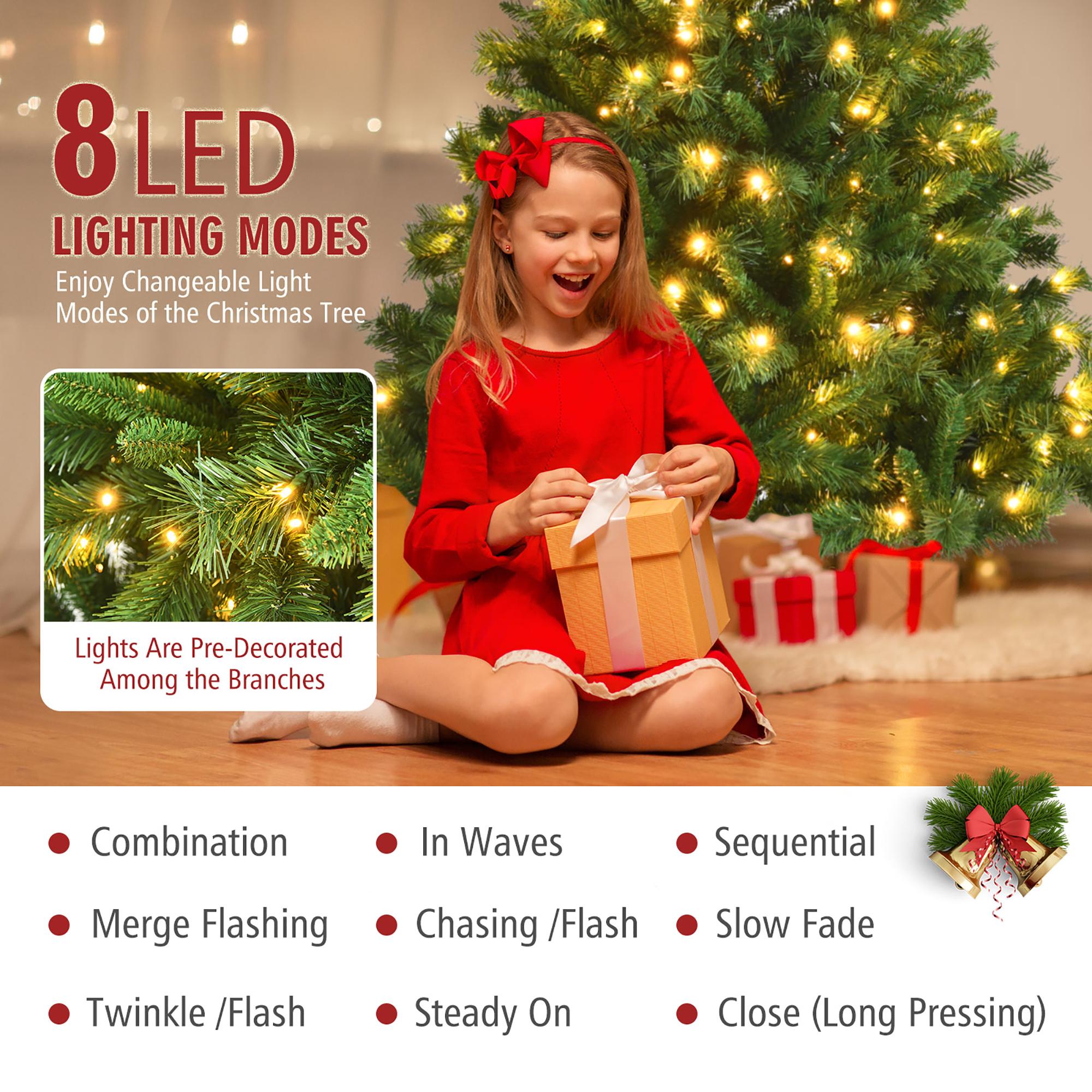 7ft Pre-Lit Artificial Hinged Christmas Tree w/8 Modes LED Lights and Foot Pedal