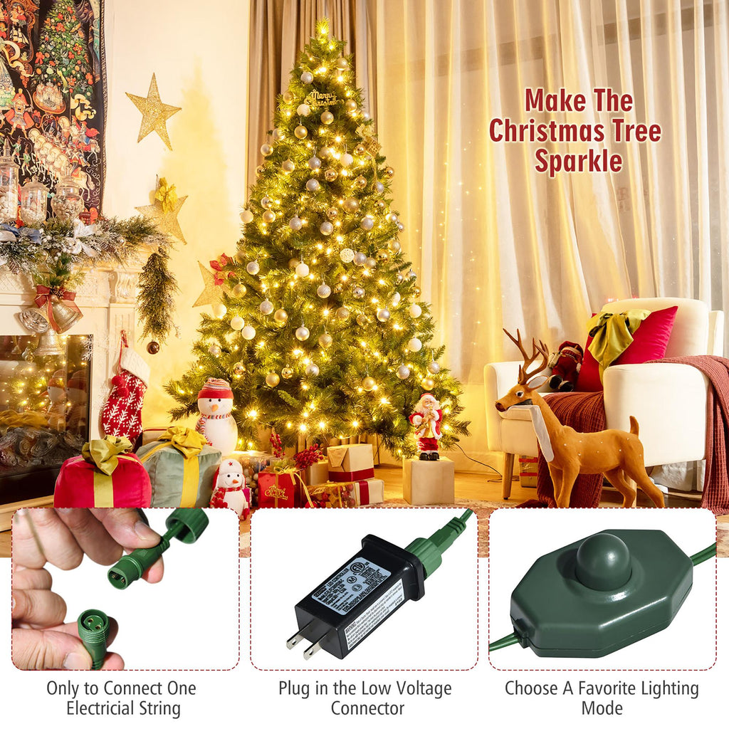 7ft Pre-Lit Artificial Hinged Christmas Tree w/8 Modes LED Lights and Foot Pedal