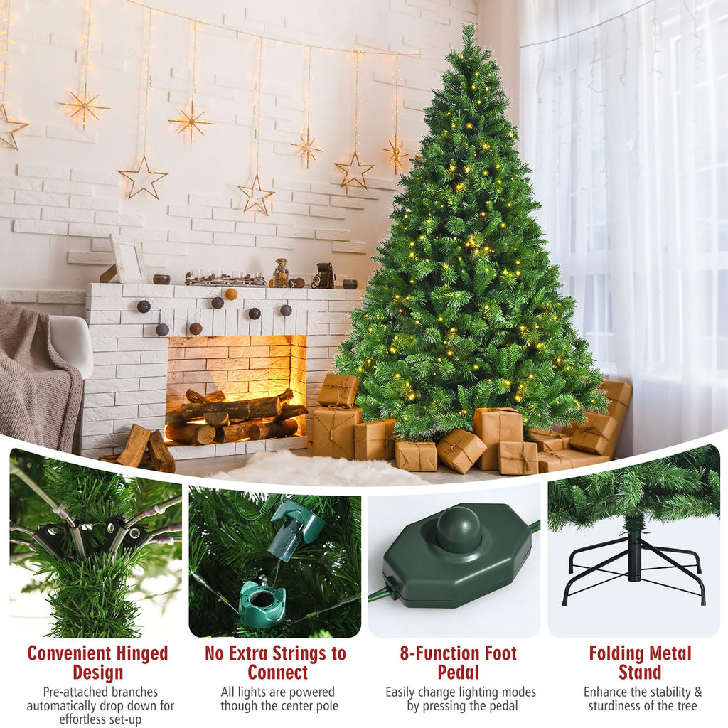 7ft Pre-Lit Artificial Hinged Christmas Tree w/8 Modes LED Lights and Foot Pedal