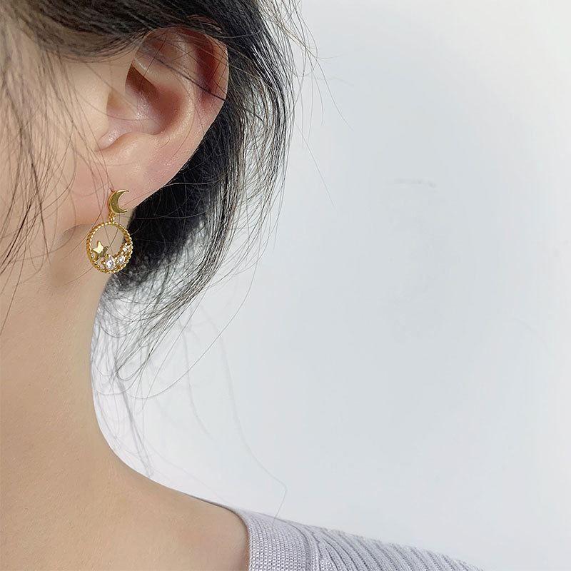 asymmetry cz star crescent moon 925 sterling silver dangling earrings