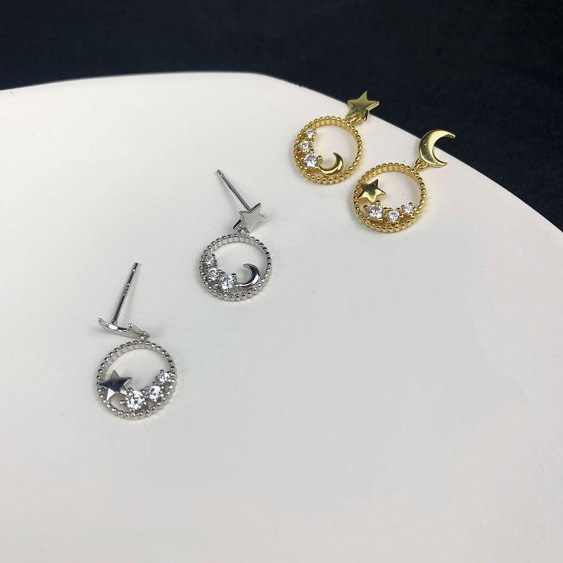 asymmetry cz star crescent moon 925 sterling silver dangling earrings