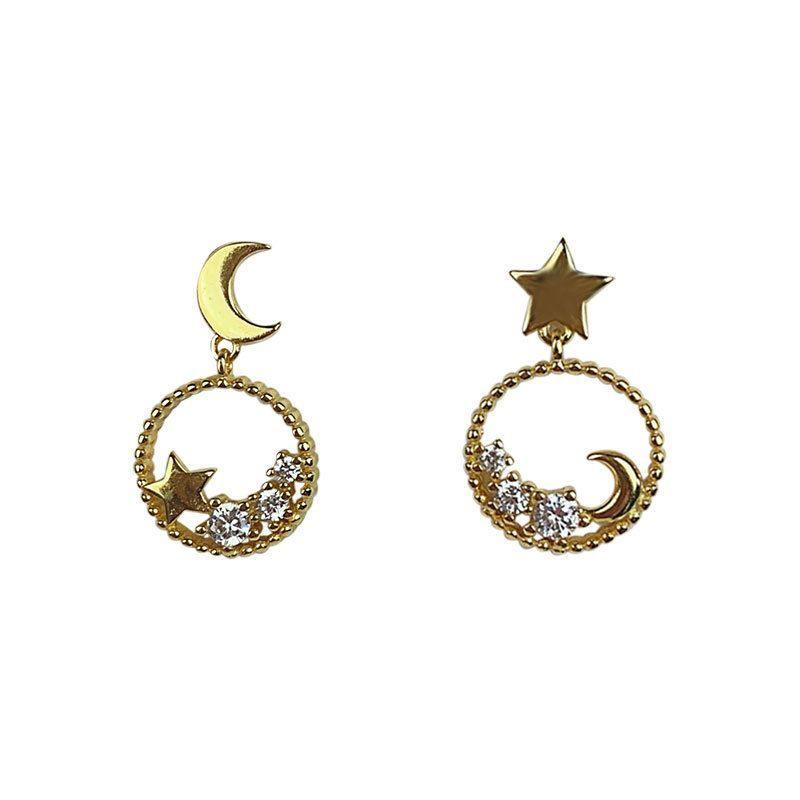 asymmetry cz star crescent moon 925 sterling silver dangling earrings