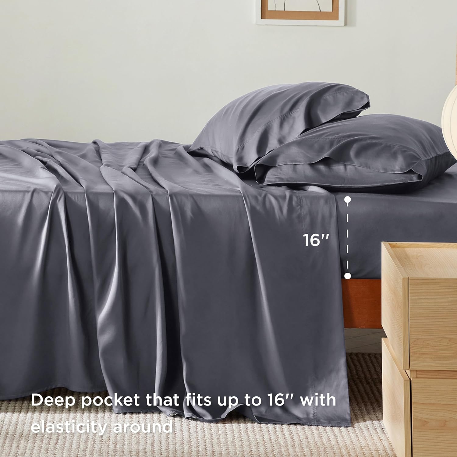 Bedsure Queen Sheets, Rayon Derived from Bamboo, Queen Cooling Sheet Set, Deep Pocket Up to 16", Breathable &amp; Soft Bed Sheets, Hotel Luxury Silky Bedding Sheets &amp; Pillowcases, Dark Grey