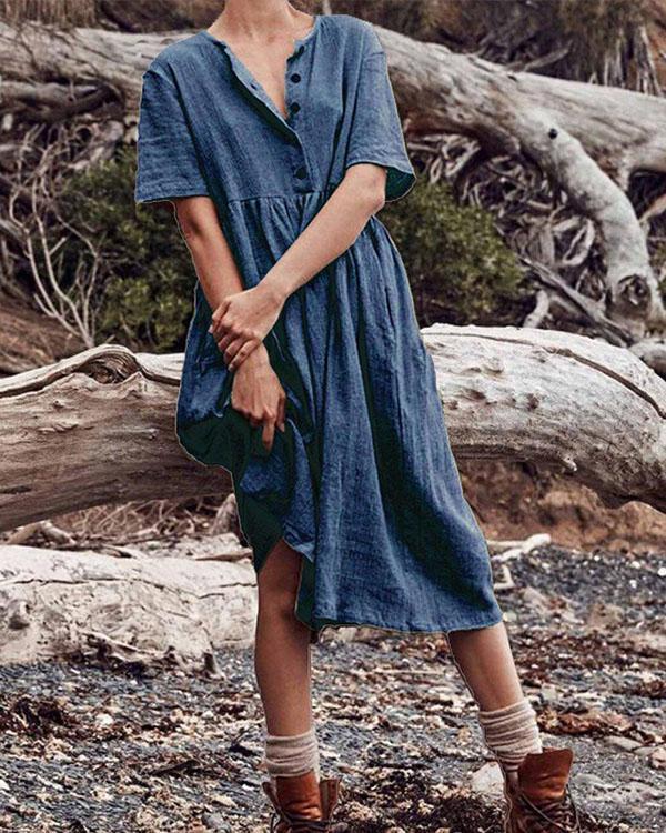 boho cotton linen dress women women's solid short sleeve button dress