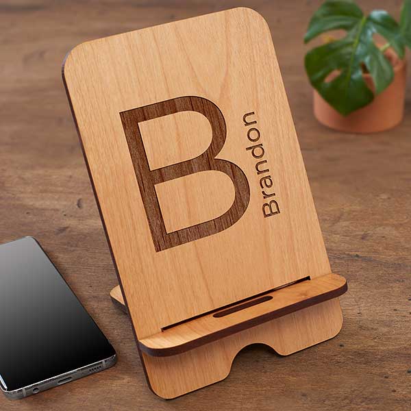 block initial personalized wooden phone stand
