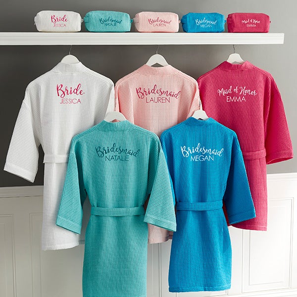 bridal party plus size embroidered aqua waffle weave kimono robe