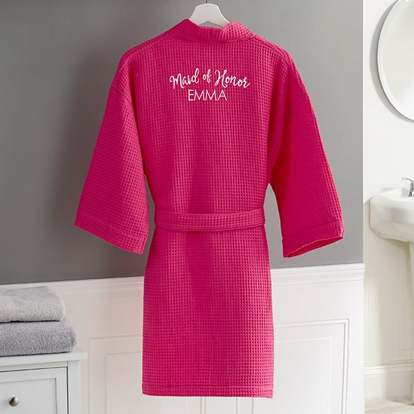 bridal party embroidered pink waffle weave kimono robe