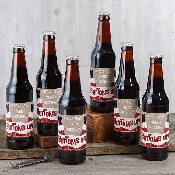 bottoms up christmas beer bottle labels & beer carrier