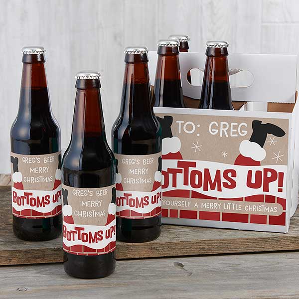 bottoms up christmas beer bottle labels & beer carrier