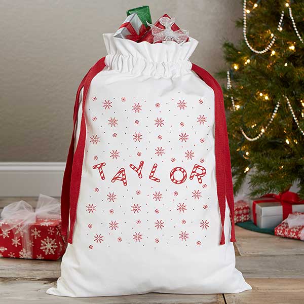 candy cane lane personalized canvas drawstring santa sack