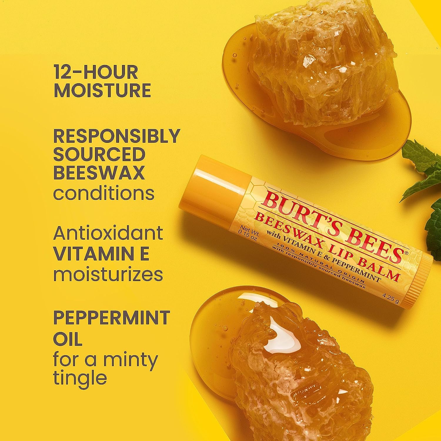 Burt's Bees Lip Balm, Moisturizing Lip Care, for All Day Hydration, 100% Natural, Original Beeswax with Vitamin E &amp; Peppermint Oil (4 Pack)