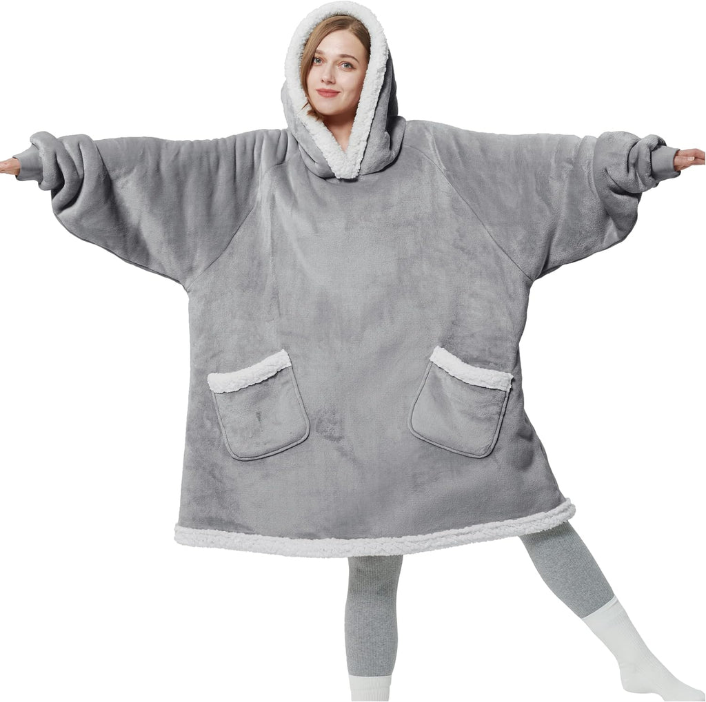 Bedsure Wearable Blanket Hoodie - Sherpa Fleece Hooded Blanket for Adult as A Gift, Warm &amp; Comfortable Blanket Sweatshirt with Giant Pocket both Indoors and Outdoors (Standard, Grey)