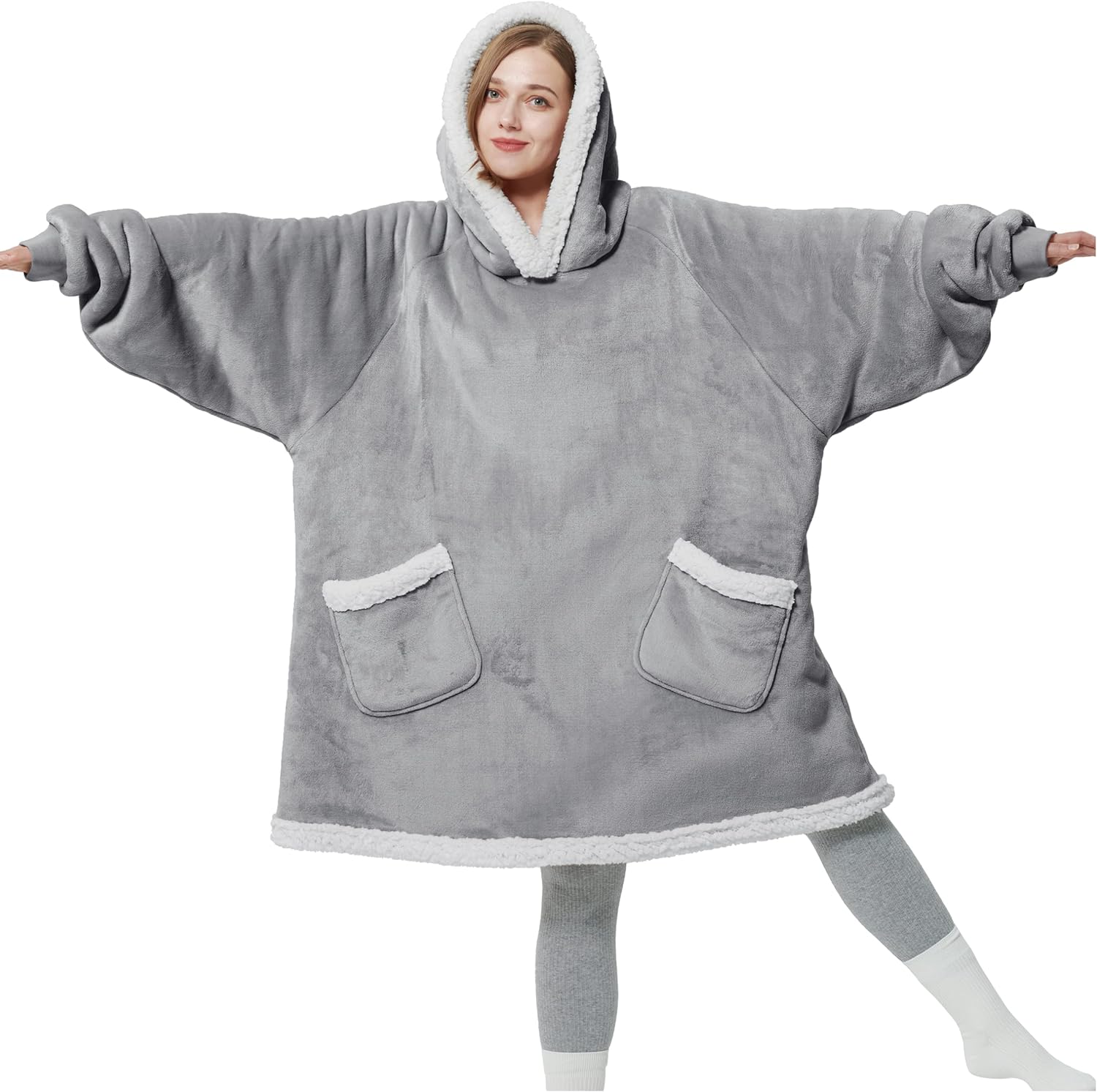 Bedsure Wearable Blanket Hoodie - Sherpa Fleece Hooded Blanket for Adult as A Gift, Warm &amp; Comfortable Blanket Sweatshirt with Giant Pocket both Indoors and Outdoors (Standard, Grey)