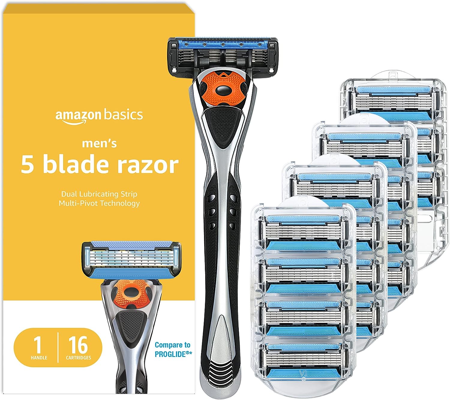 Amazon Basics 5-Blade MotionSphere Razor for Men with Dual Lubrication and Precision Trimmer, Handle &amp; 16 Cartridges, Cartridges fit Amazon Basics Razor Handles only, 17 Piece Set, Black