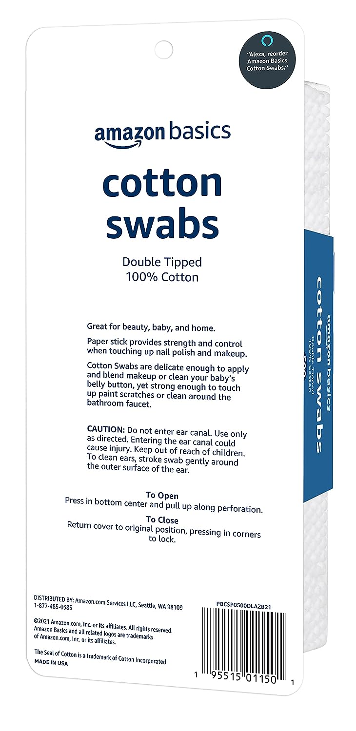 Amazon Basics Cotton Swabs, 2000 Count (4 Packs of 500) (Previously Solimo)