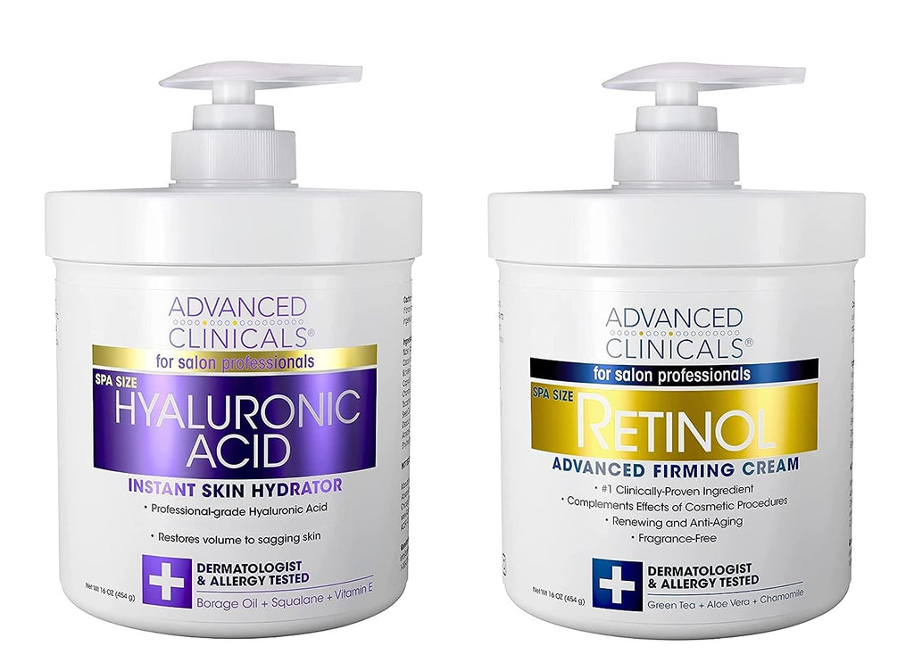 Advanced Clinicals Retinol Cream + Hyaluronic Acid Body Lotion &amp; Face Moisturizer Skin Care Set | Fragrance Free Retinol Body Cream &amp; Hyaluronic Acid Lotion For Crepey Skin, Stretch Marks, &amp; Dry Skin