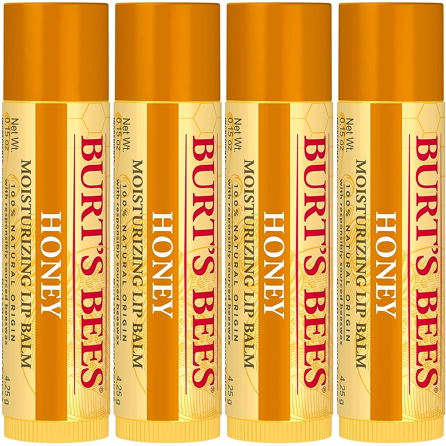 Burt's Bees 100% Natural Moisturizing Lip Balm, Honey with Beeswax - 4 Tubes