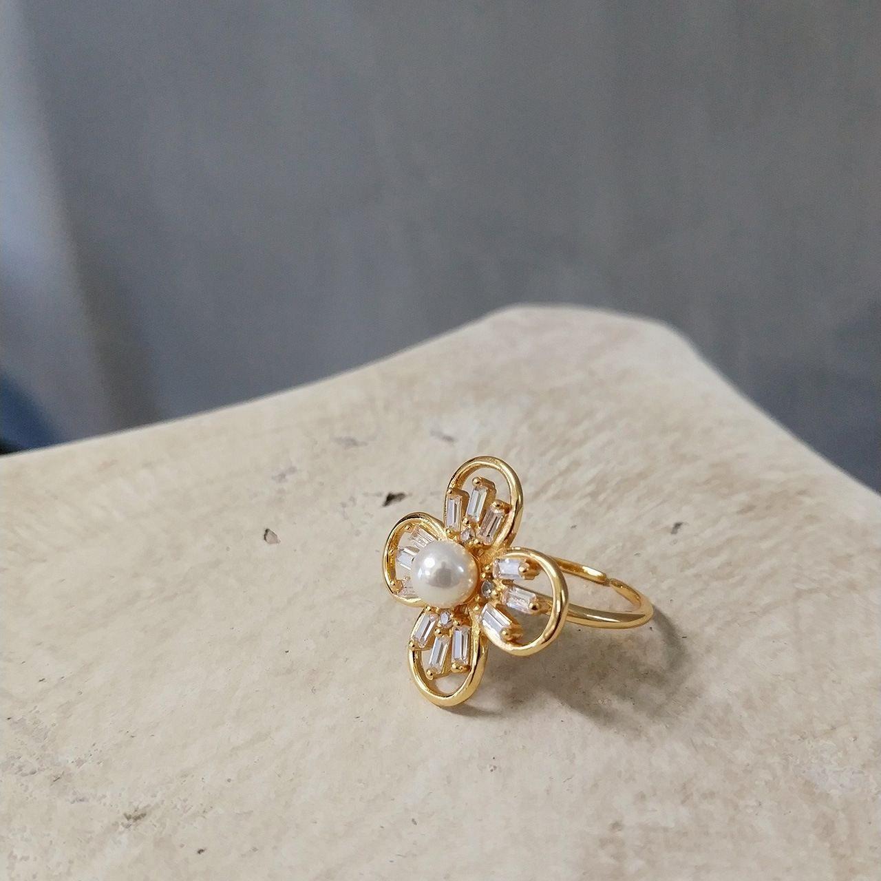 beautiful natural pearl cz flower 925 sterling silver adjustable ring