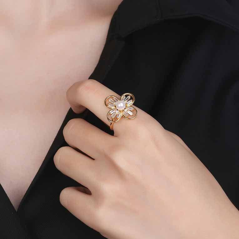 beautiful natural pearl cz flower 925 sterling silver adjustable ring