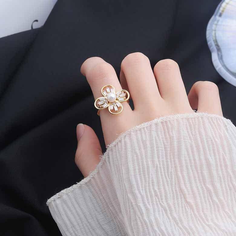 beautiful natural pearl cz flower 925 sterling silver adjustable ring