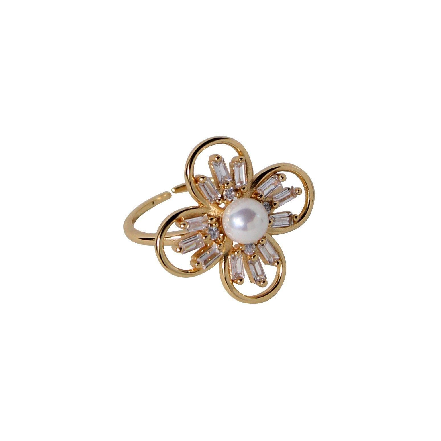 beautiful natural pearl cz flower 925 sterling silver adjustable ring