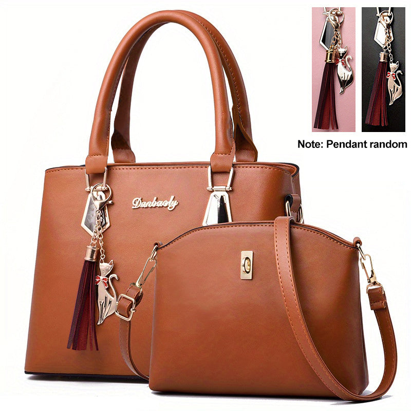 2pcs PU Leather Bag Set, Tassel Decor Handbag &amp; Crossbody Bag, Women's Office &amp; Work Purse