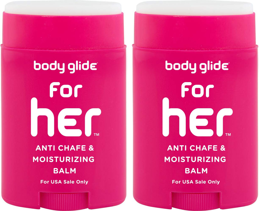 Body Glide For Her Anti Chafe Balm: anti chafing stick with added emollients. Prevent rubbing leading to chafing, raw skin, and irritation. Use for arm, bra, butt, groin, &amp; thigh chafing: 1.5oz-2pk