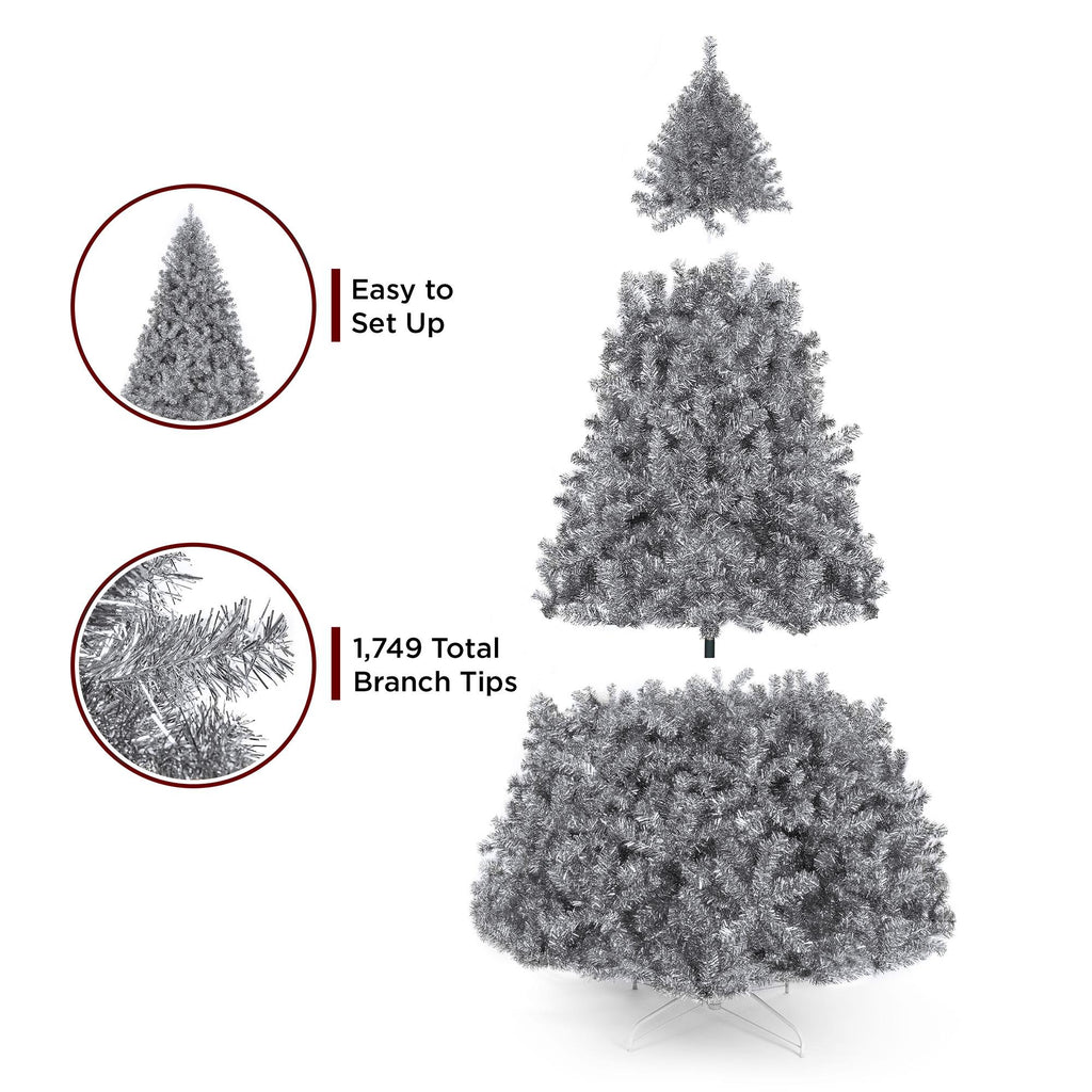 7.5ft Artificial Silver Tinsel Christmas Tree Holiday Decoration w/ 1,749 Branch Tips, Stand