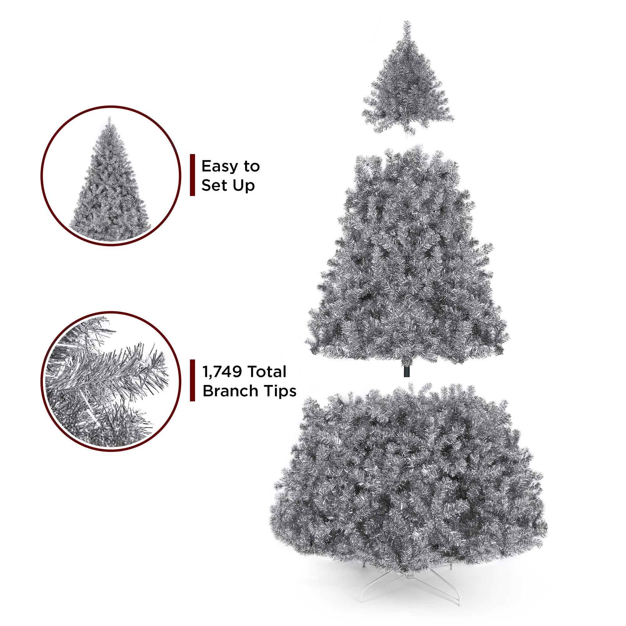 7.5ft Artificial Silver Tinsel Christmas Tree Holiday Decoration w/ 1,749 Branch Tips, Stand