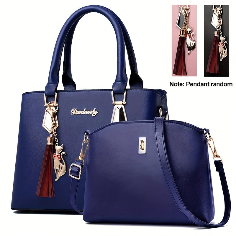2pcs PU Leather Bag Set, Tassel Decor Handbag &amp; Crossbody Bag, Women's Office &amp; Work Purse
