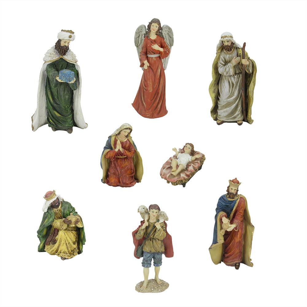 8-Piece Green and Red Jewel Tone Inspirational Religious Christmas Nativity Figurine Set 12.25"