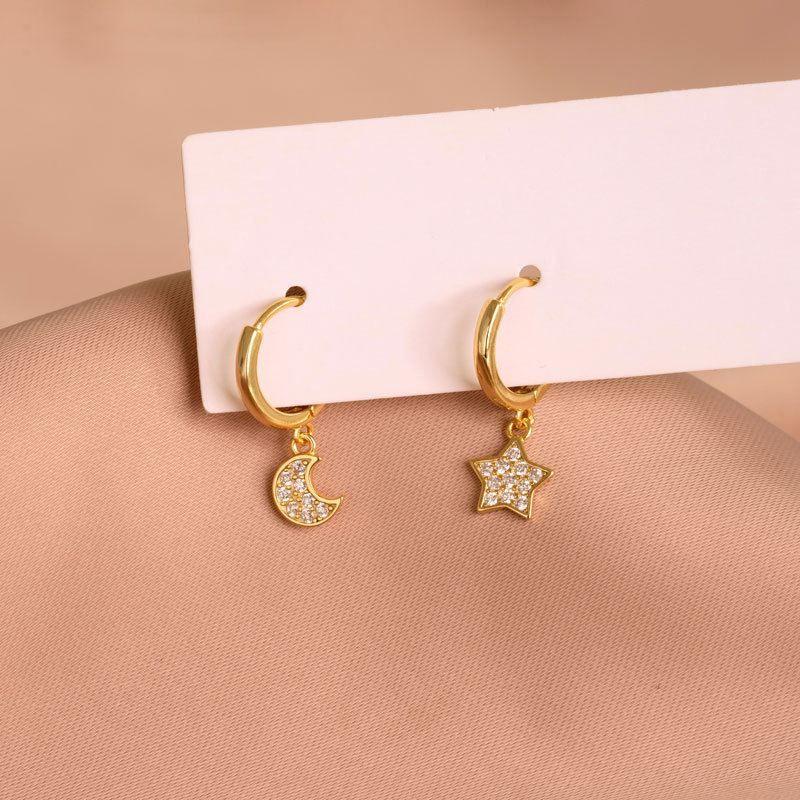 asymmetry cz stars crescent moon 925 sterling silver hoop earrings