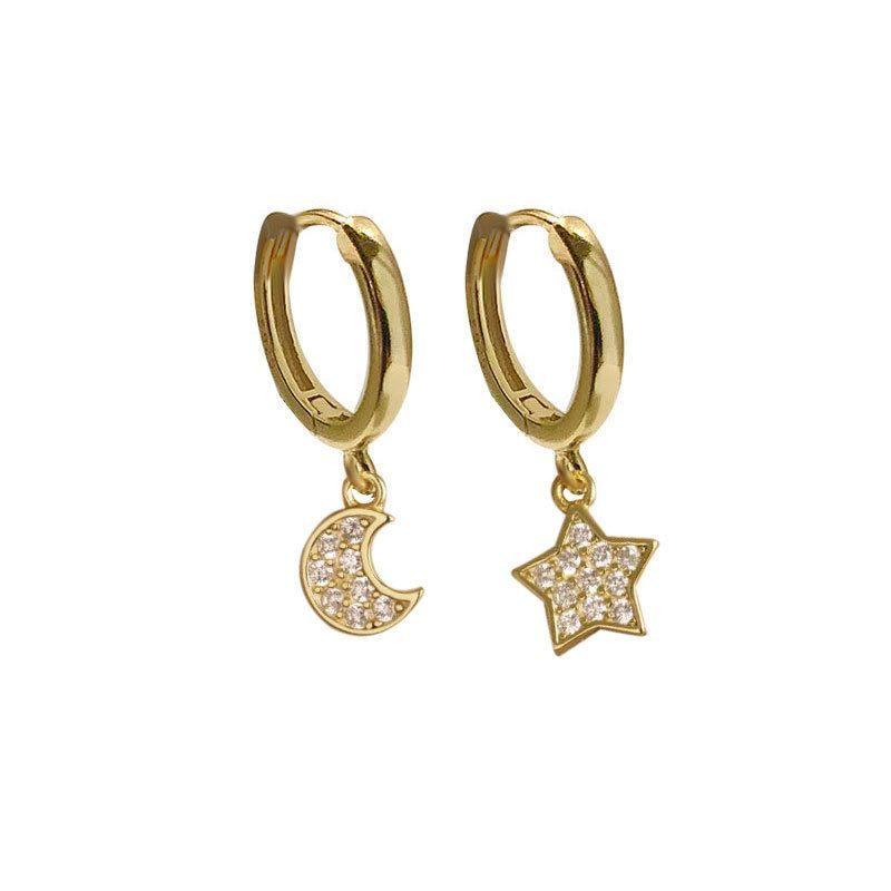 asymmetry cz stars crescent moon 925 sterling silver hoop earrings
