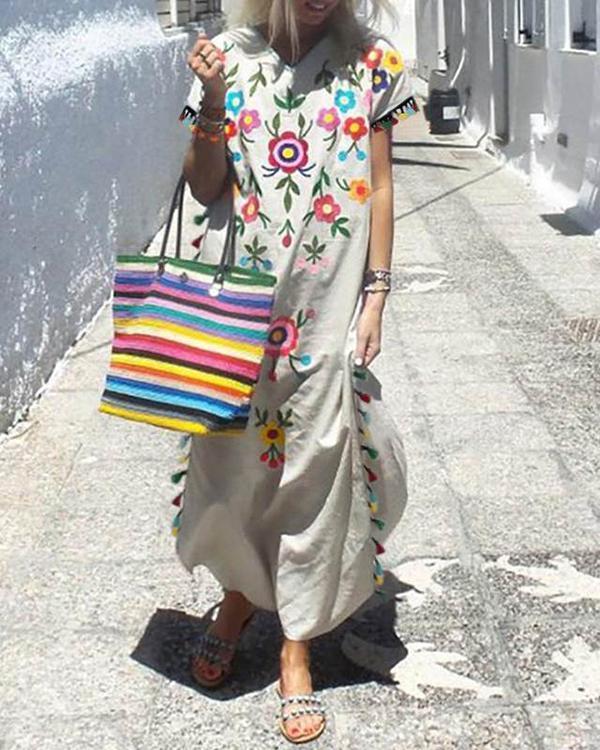 bohemian color fringed print dress