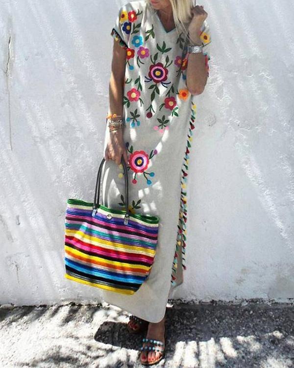 bohemian color fringed print dress