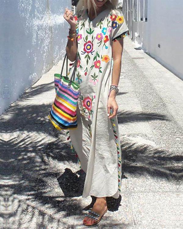 bohemian color fringed print dress