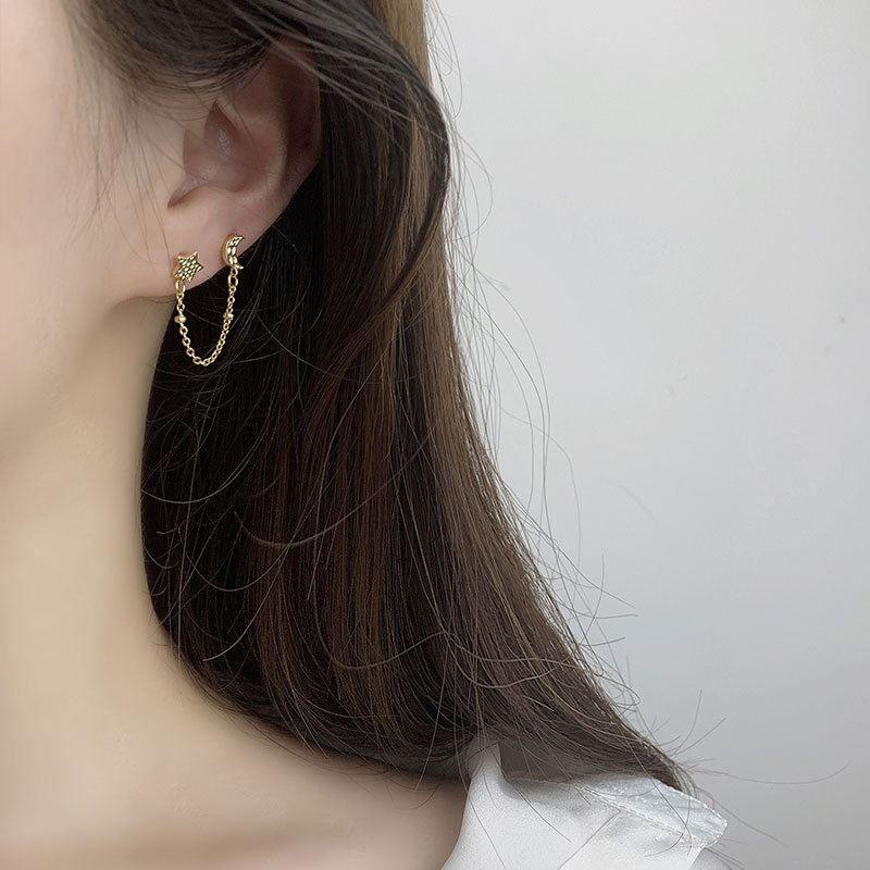 asymmetry cz star moon double hole 925 sterling silver dangling earrings