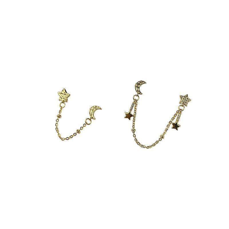 asymmetry cz star moon double hole 925 sterling silver dangling earrings