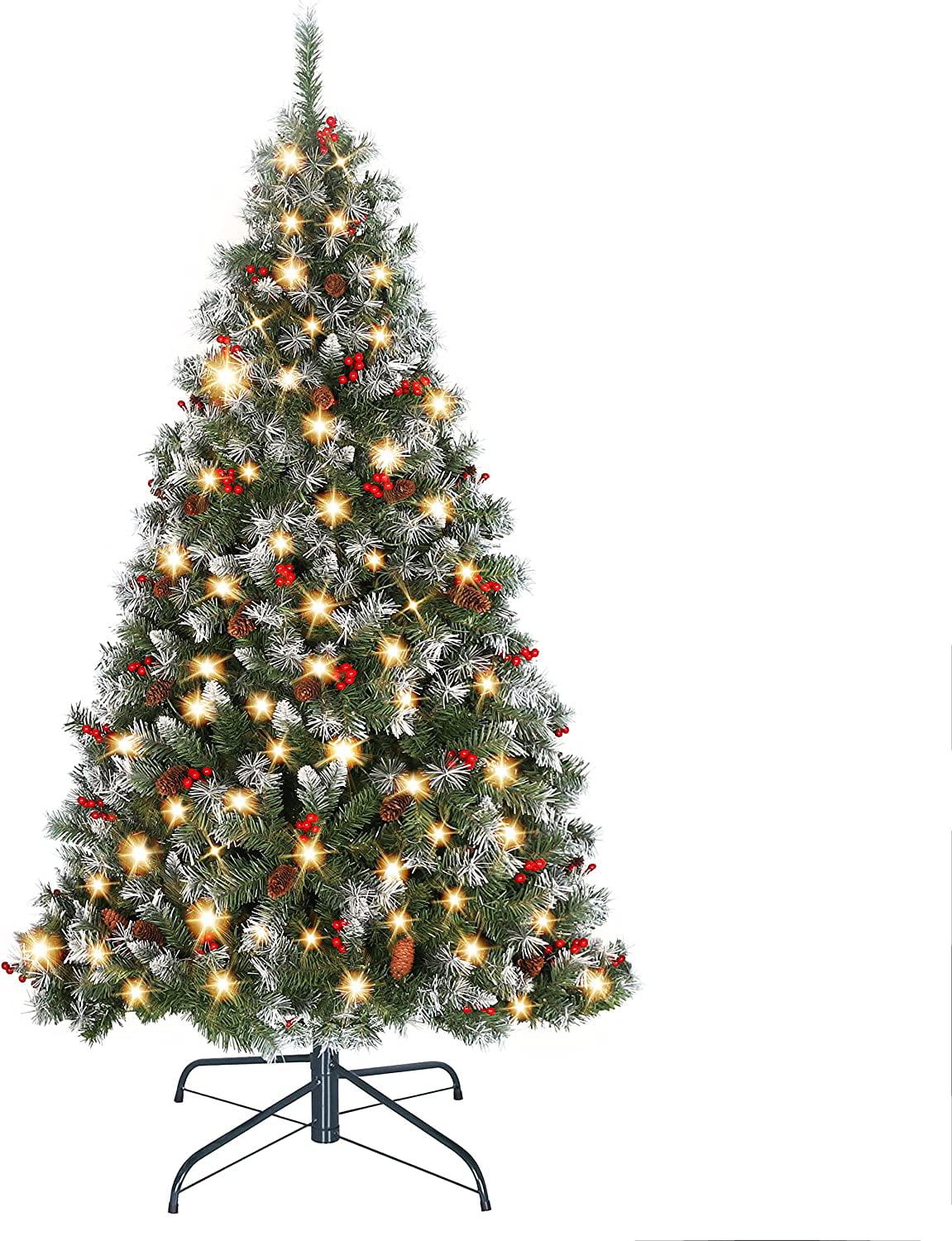 6FT Snow Frosted Christmas Tree, Pre-lit Artificial Christmas Tree with Pine Cones Red Holly Berries, Spruce Christmas Tree, Holiday Decoration Tree w/800 Tips &amp; 290 Lights