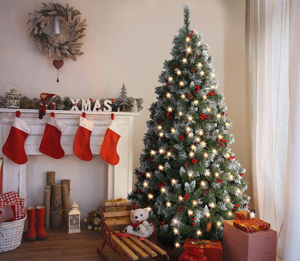 6FT Snow Frosted Christmas Tree, Pre-lit Artificial Christmas Tree with Pine Cones Red Holly Berries, Spruce Christmas Tree, Holiday Decoration Tree w/800 Tips &amp; 290 Lights