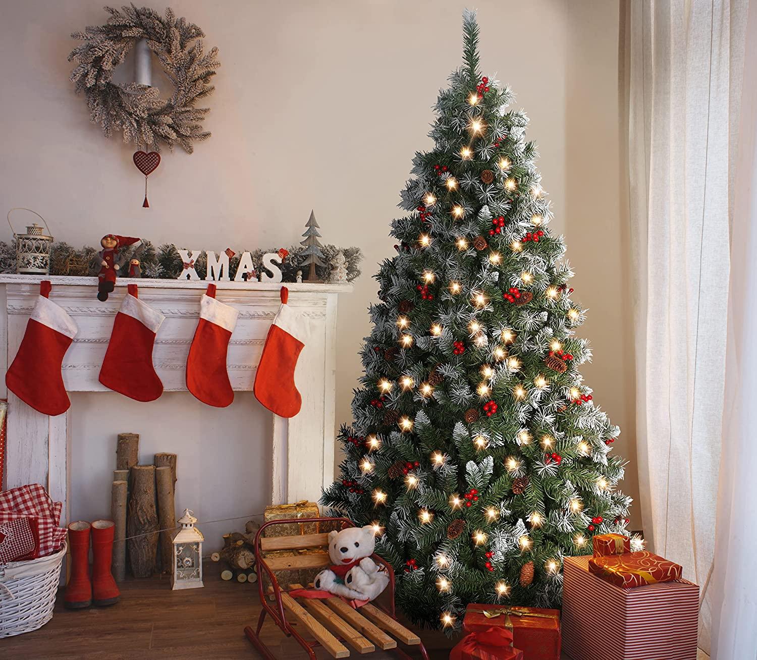6FT Snow Frosted Christmas Tree, Pre-lit Artificial Christmas Tree with Pine Cones Red Holly Berries, Spruce Christmas Tree, Holiday Decoration Tree w/800 Tips &amp; 290 Lights
