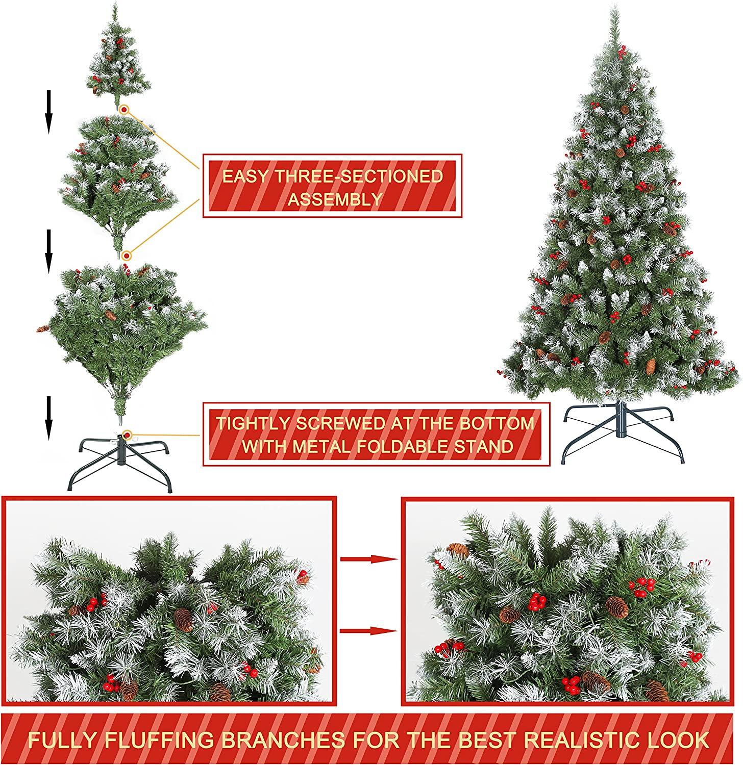 6FT Snow Frosted Christmas Tree, Pre-lit Artificial Christmas Tree with Pine Cones Red Holly Berries, Spruce Christmas Tree, Holiday Decoration Tree w/800 Tips &amp; 290 Lights